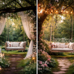 Оформление сада с садовыми качелями в сказочном стиле 11