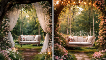 Оформление сада с садовыми качелями в сказочном стиле 3