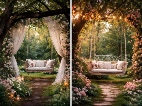 Оформление сада с садовыми качелями в сказочном стиле 1