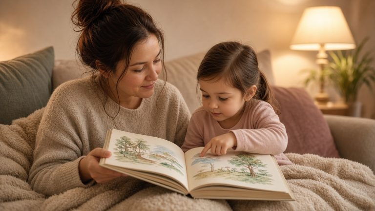 Родитель читает книжку маленькому ребёнку на диване